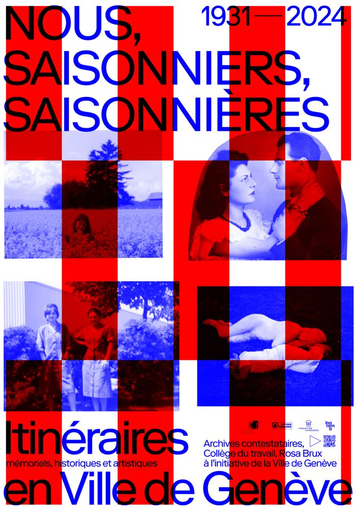Affiche montrant des saisonniers, saisonnières et leurs enfants au travail et dans leurs loisirs