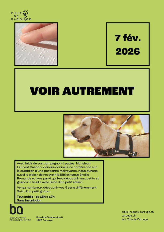 Première image d'un texte en braille avec des doigts qui le lisent et deuxième image d'un chien accompagnant une personnes malvoyante.