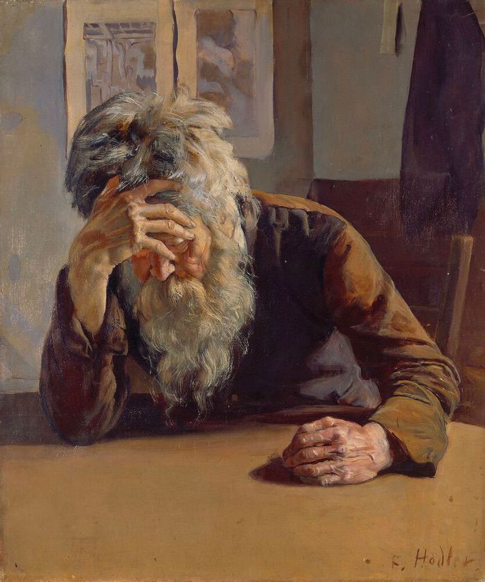 Ferdinand Hodler, "Vieillard méditant à table", 1885-1886, huile sur toile, 56 x 46 cm, signé en bas à droite : "F. Hodler.", Winterthour, Kunst Museum, Stiftung Oskar Reinhart, achat, 1935.