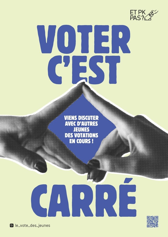 Association Et Pourquoi pas ? deux mains se touchent pas les doigts pour former un carré, l'accroche de l'affiche étant voter, c'est carré