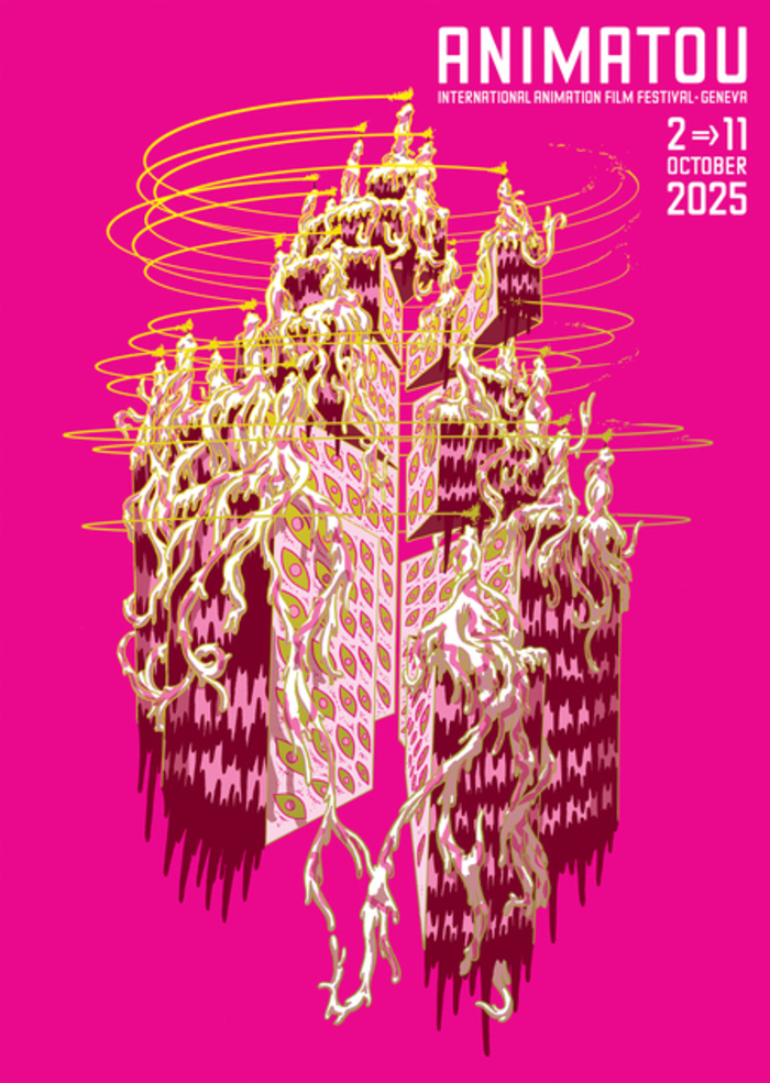 Thomas Perrodin Affiche de l'édition 2025 d'Animatou avec un gâteau flottant sur fond fuchsia