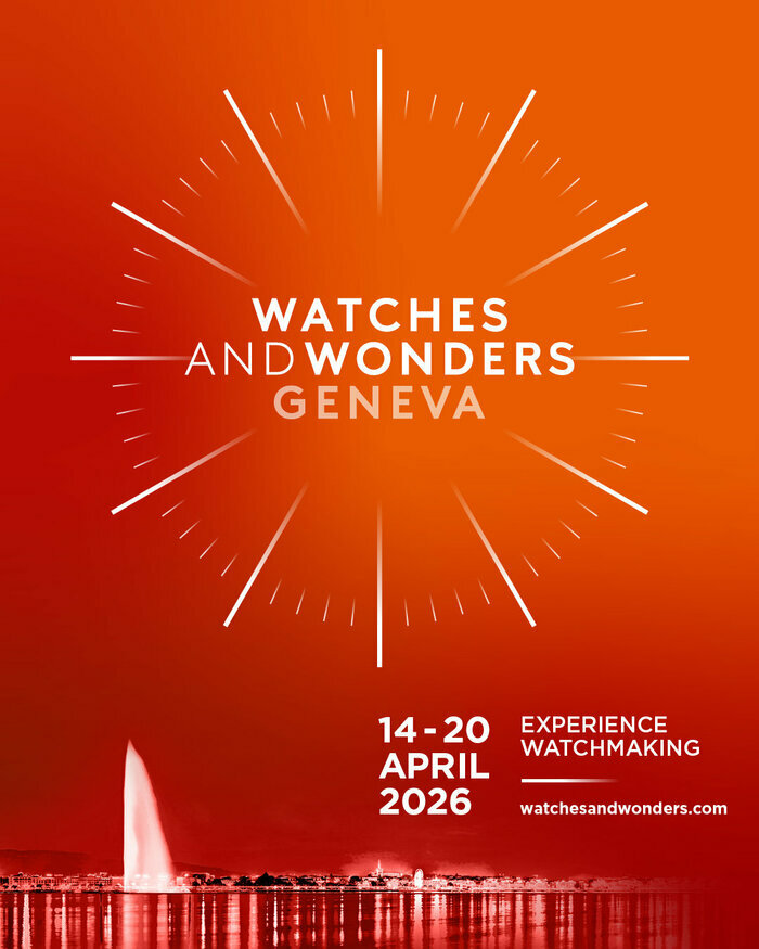 C'est l'affiche pour l'événement "Watches and Wonders". Le fond est de couleur orange dégradé, avec un motif de rayons évoquant un cadran d'horloge. L'image montre aussi un paysage de Genève avec la célèbre fontaine Jet d'Eau en arrière-plan.