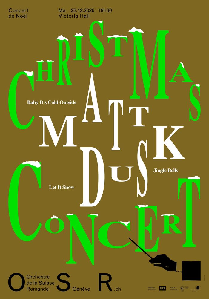 Affiche de la soirée avec l'OSR et l'artiste invité Matt Dusk sur un fond ocre et informations en vert clair et blanc.