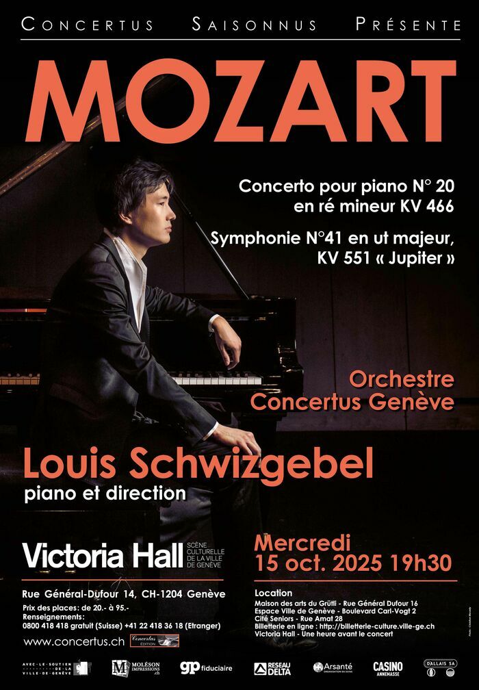 DR Affiche de la soirée avec toutes les informations et Louis Schwitzgebel, direction et piano, devant un piano