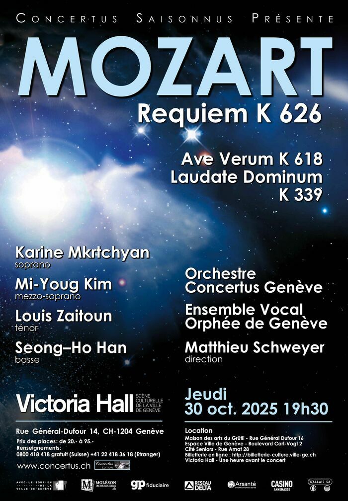 DR Affiche de la soirée sur un fond noir/bleu nuit avec des petites étoiles, les informations de la soirée Requiem Mozart et les solistes