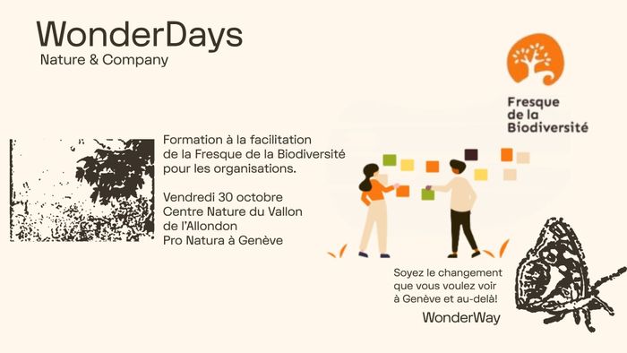 Une affiche avec deux photos en négatifs d'arbre te de papillon et un dessin de personnes qui jouent aux cartes sur une Fresque murale. Le logo de la Fresque de la Biodiversité.