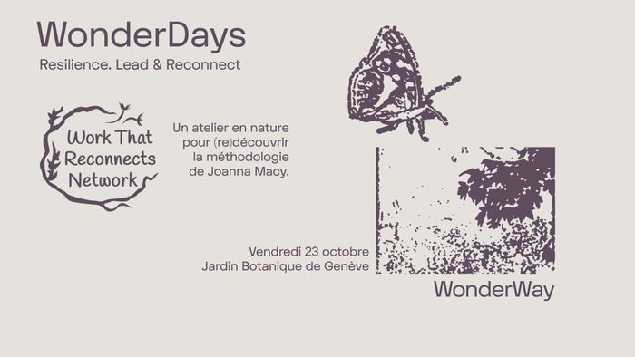 Une affiche avec deux images en négatif d'arbre et de papillon. Egaleent le logo "Work That Reconnects Network" et le texte qui explique le titre et l'objectif de l'atelier en nature pour (re)découvrir la méthodologie de Joanna Macy.