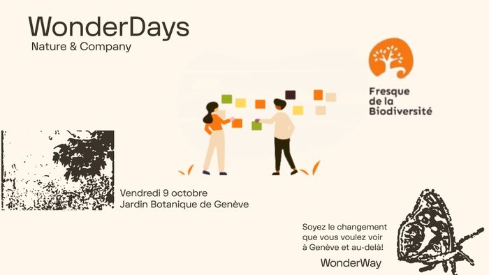 Une affiche au titre de Wonder Way qui montre un négatif de photo d'arbres et de papillon. Et qui montre un dessin de personnes qui jouent avec des cartes (Fresque murale) autour du sujet de la Biodiversité.
