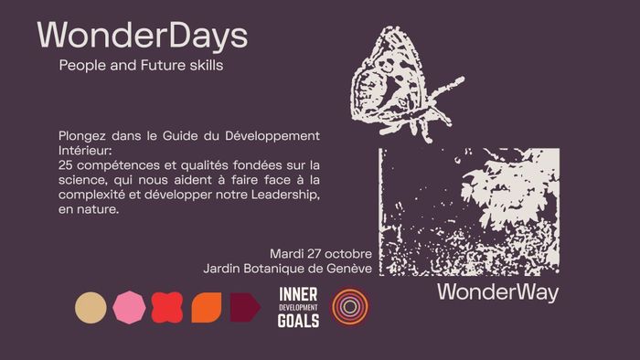 Une affiche avec deux images en négatif d'arbre et de papillon. Egaleent le logo "Work That Reconnects Network" et le texte qui explique le titre: Plongez dans le développement Intérieur.