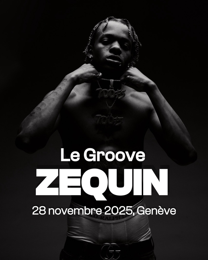 Affiche du concert de Zequin. Photo en noir et blanc du rappeur torse nu, portant des chaînes épaisses avec pendentifs, regard sérieux face caméra. Texte blanc en bas : « Le Groove – Zequin – 28 novembre 2025, Genève ».