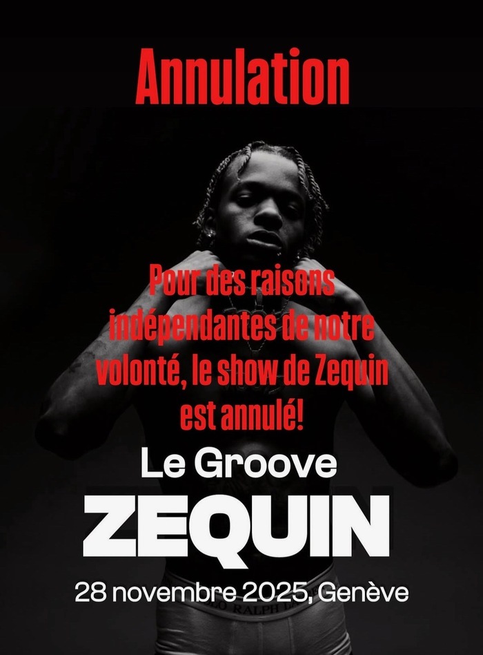 Collectif Nocturne Affiche du concert de Zequin. Photo en noir et blanc du rappeur torse nu, portant des chaînes épaisses avec pendentifs, regard sérieux face caméra. Texte blanc en bas : « Le Groove – Zequin – 28 novembre 2025, Genève ».