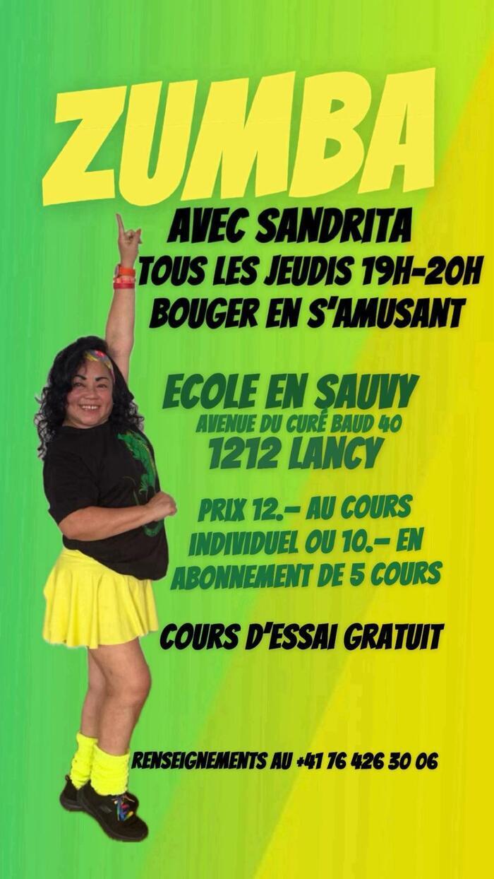 Flyer présentant le cours de Zumba de Sandrita, tous les jeudis à 19h00 à l'Ecole en sauvy