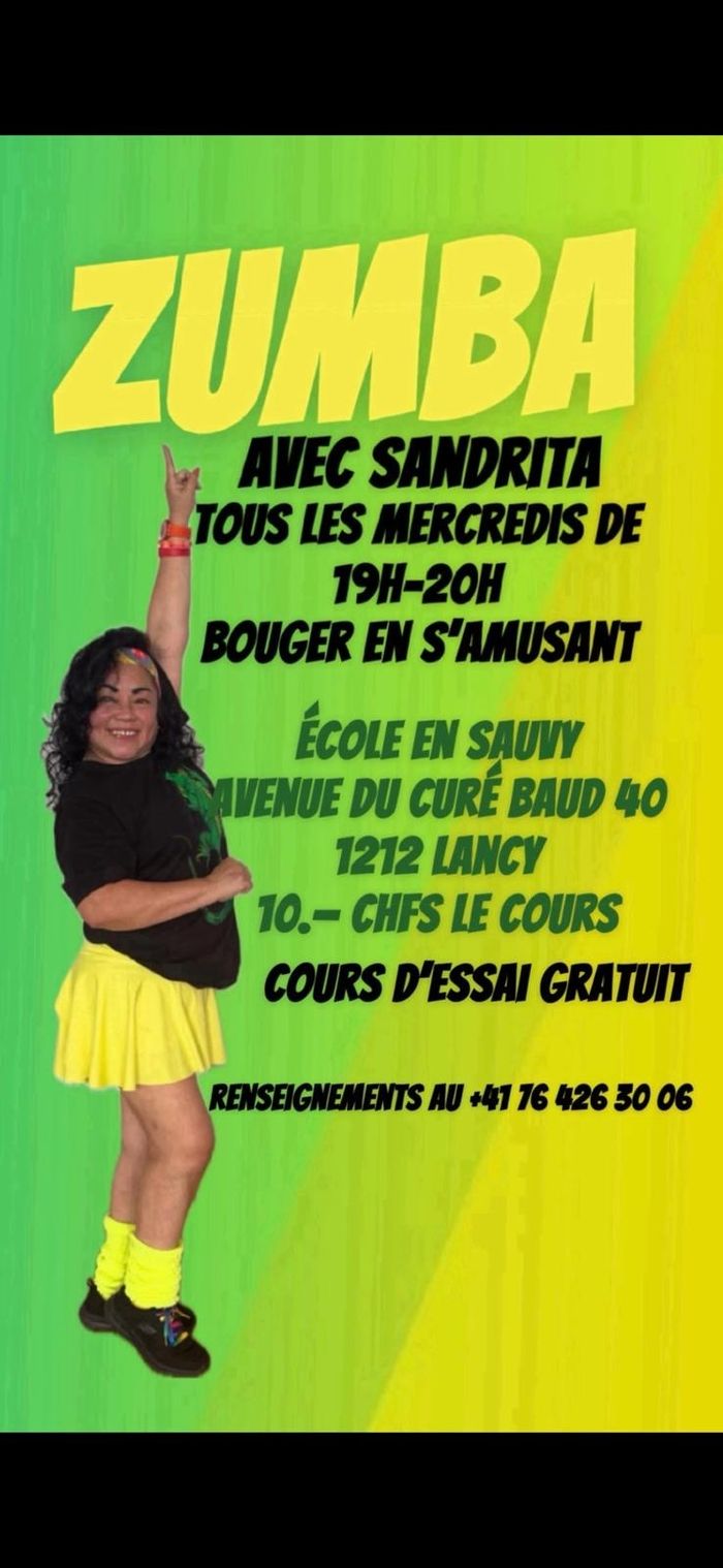 Flyer présentant le cours de Zumba de Sandrita, tous les mercredis à 19h00 à l'Ecole en sauvy