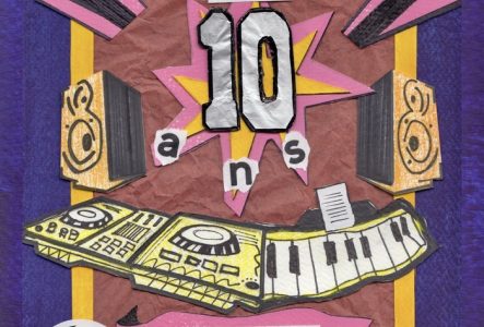 Jeremy Ortiz Affiche colorée et collage graphique annonçant les 10 ans du Collectif Nocturne. Au centre, le chiffre « 10 » en grand sur une étoile jaune et rose, entouré des mots « Le Collectif Nocturne fête ses 10 ans ». Des éléments de musique sont dessinés : platines DJ, clavier et enceintes. En bas, bandeau rose indiquant la date 6 septembre 2025 au Groove Genève avec programme « 20h30 – Apéro – Lives – DJ sets – 2h00 ». Logos du Collectif Nocturne et du Groove visibles.