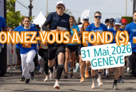 Départ de course avec des coureurs et des coureuses "à fond" et le texte qui fait un jeu de mot "Donnez vous à fond! à fonds. et la date 31 mai 2026 GENEVE.
