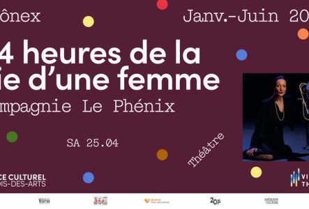 sur fond grenat, il y a des petits points de couleurs avec les informations à gauche de l'image et à droite une photo de l'artiste