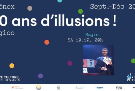 sur fond bleu, il y a des points de couleurs un peu partout, une image du magie sur la droite et les informations sur la soirée en haut de l'affiche