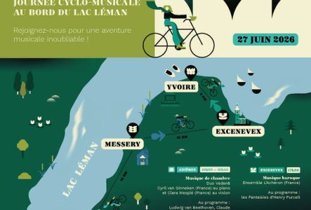 Il s’agit d’une affiche du Léman Bouquet Festival, aux couleurs dominantes vert et bleu, avec un design moderne et illustré.

En haut, on voit le nom du festival, la date 26–28 juin 2026, ainsi qu’un QR code et les réseaux sociaux.
Au centre, un bandeau annonce une journée cyclo-musicale au bord du lac Léman, illustrée par une personne à vélo.

La partie principale représente une carte stylisée du lac Léman, côté français et suisse, avec un parcours à vélo reliant plusieurs étapes : Anières,…