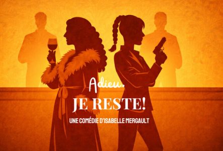 Au premier plan, deux silhouettes féminines se tiennent dos à dos.
À gauche, une femme élégante aux cheveux volumineux et bouclés, portant  une étole à col de fourrure. Elle tient un verre de vin rouge à la main. À droite, une femme aux cheveux tressés, vêtue d'une veste ajustée. Elle tient un revolver. En arrière-plan, plus claires et légèrement estompées, deux silhouettes masculines se devinent de part et d'autre : l'une à gauche, l'une à droite, comme des ombres.
Au centre de l'image, le…