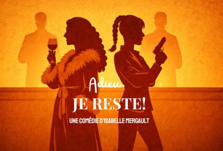 Au premier plan, deux silhouettes féminines se tiennent dos à dos.
À gauche, une femme élégante aux cheveux volumineux et bouclés, portant  une étole à col de fourrure. Elle tient un verre de vin rouge à la main. À droite, une femme aux cheveux tressés, vêtue d'une veste ajustée. Elle tient un revolver. En arrière-plan, plus claires et légèrement estompées, deux silhouettes masculines se devinent de part et d'autre : l'une à gauche, l'une à droite, comme des ombres.
Au centre de l'image, le…