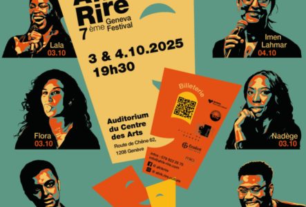 L’affiche annonce la 7ᵉ édition du festival Afrik Rire, un événement dédié à l’humour africain et francophone. Il se tiendra à Genève, les vendredi 3 et samedi 4 octobre 2025, à 19h30, dans l’Auditorium du Centre des Arts, situé Route de Chêne 62, 1208 Genève.
12  humoristes y participent. Le visuel de l’affiche montre leurs portraits illustrés en style bande dessinée, avec leurs noms et les dates de leur prestation.

Au centre de l’affiche, on trouve un encart jaune indiquant le nom du…