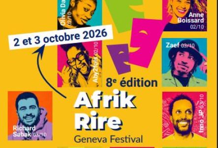 Affiche orange avec portraits des humoristes invités