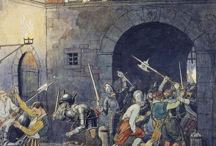 une illustration en couleur qui représente une scène de bataille de L'escalade  avec des soldats en armure et des civiles.