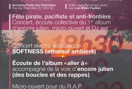 LME ~ métamorphoses et Ressources Urbaines présentent : "aller à" 18 heure le SAMEDI 18 AVRIL 2026, Adresse: Ancienne Poste des Charmilles, Rue des Charmilles 23, 1203 Genève. Buffet végétarien et sans gluten 
avec Les Milles Feuilles. Fête pirate, pacifiste et anti-frontière
Concert, écoute collective du 1er album d’encore julien, micro-ouvert et DJ set. Concert electro-acoustique avec SOFTNESS ( ethereal ambient )

Écoute de l’album «  aller à  » accompagné de la voix d’encore julien ( des…