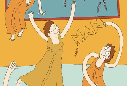 Illustration d'Adrienne Barman, enfants dansant devant un tableau