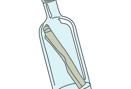un rouleau de papier dans une bouteille fermée (message à la mer)