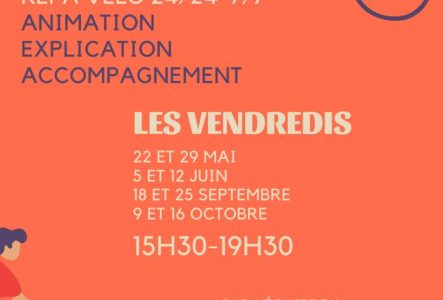 il s'agit d'un flyer sur fond orange avec dans le coin supérieur droit et inférieur gauche des dessins de cyclistes. On retrouve les informations importantes avec les horaires et jours d'atelier au centre de l'affiche en bleu foncé. En bas du flyer figurent les logos de l'association du Pavillon Cayla qui organise l'événement et de la Ville de Genève qui soutient l'événement.