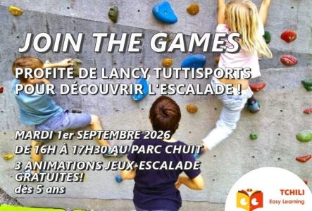 visuel Tchili Easy Learning pour Tuttisports Lancy 2026 représentant des enfants grimpant sur un bloc d'escalade