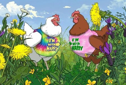 dessin de deux poules portant un t-shirt avec le message "I'm with happy"