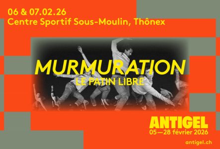 sur un fond rouge et gris, il y a une photo des artistes et les informations de l'événement autour