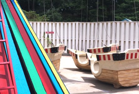 C'est l'image d'un manege à l'arrêt il s'agit de tasses volantes. Mais elles sont posées par terre comme si le manège était en train d'être monté.