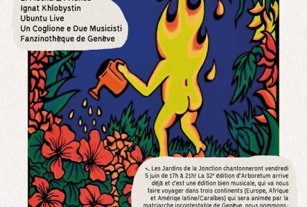Un personnage jaune arrose des fleurs rouges sur un fond bleu, dans un style d'illustration au feutre