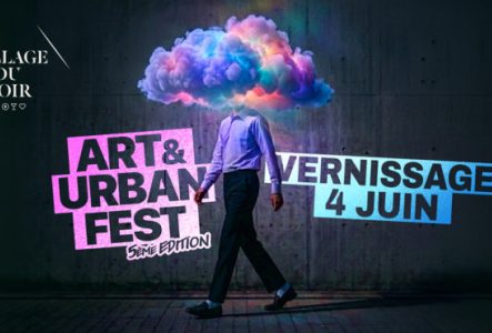 Art & urban festival Vernissage 4 juin Un homme en costume avec comme tête un nuage multicolore.