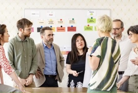 AdACC Une équipe composée d' hommes et de femmes discutent avec des cartes en main devant un mur avec la méthodologie pour développer des solutions d' adaptation au changement climatique.