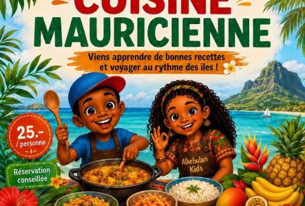 deux enfants préparent des plats dans un décor tropical, avec le drapeau mauricien. Dimanche 11 octobre 2026, de 14 h à 18 h, à l’Espace de quartier des Pâquis, rue Jean-Charles Amat 6, 1202 Genève. Tarif : 25.– par personne. Réservation conseillée. Informations : alkebulankids.ch.