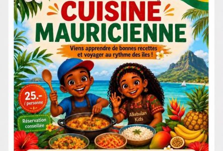 deux enfants préparent des plats dans un décor tropical, avec le drapeau mauricien. Dimanche 11 octobre 2026, de 14 h à 18 h, à l’Espace de quartier des Pâquis, rue Jean-Charles Amat 6, 1202 Genève. Tarif : 25.– par personne. Réservation conseillée. Informations : alkebulankids.ch.