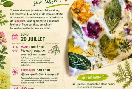 du tissu imprimé de végétal, ds fleurs, du texte
