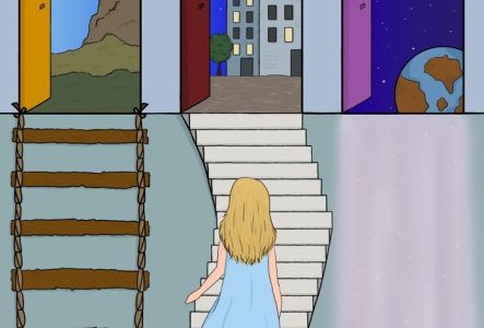Dessin avec une fille de dos les cheveux long en robe bleue clair au centre. 3 chemins s'offrent à elle. Une échelle en bois qui mène à un monde de dragon et de château. un escalier à un monde urbain la nuit et le troisième un halo rose qui la mène dans le monde de l'espace et des soucoupes volantes. 3 chemin vers ses mondes imaginaires.