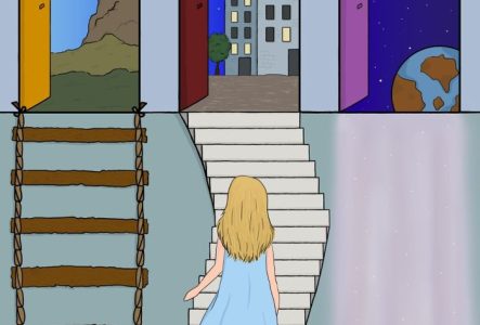 Dessin avec une fille de dos les cheveux long en robe bleue clair au centre. 3 chemins s'offrent à elle. Une échelle en bois qui mène à un monde de dragon et de château. un escalier à un monde urbain la nuit et le troisième un halo rose qui la mène dans le monde de l'espace et des soucoupes volantes. 3 chemin vers ses mondes imaginaires.