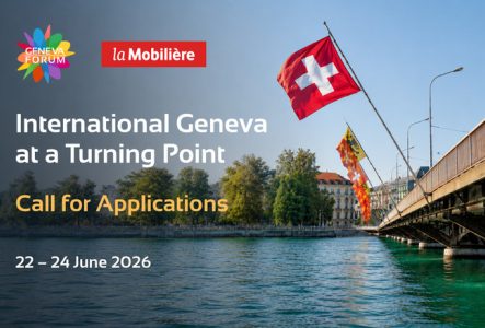 Vue du pont du Mont-Blanc à Genève avec les drapeaux suisse et genevois. Visuel annonçant l'atelier « Shape the Future » et son appel à candidatures.