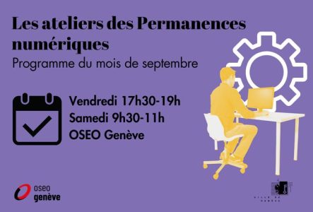 Visuels présentant les ateliers des Permanences numériques du mois de septembre avec un homme assis à un bureau avec un ordinateur et un pictogramme de rouage pour représenter les réglages en arrière-plan.