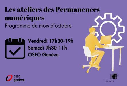 Visuels présentant les ateliers des Permanences numériques du mois d'octobre avec un homme assis à un bureau avec un ordinateur et un pictogramme de rouage pour représenter les réglages en arrière-plan.