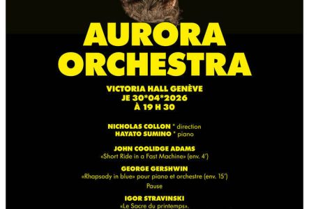 Affiche du concert, sur fond noir et avec le chef Nicholas Collon la tête à l’envers