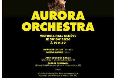 Sandy Dubois Affiche du concert, sur fond noir et avec le chef Nicholas Collon la tête à l’envers