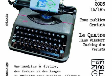 Flyer de l'événement avec une photo de machine à écrire et typographie typewriter