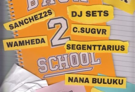 Jeremy Ortiz Flyer typographique reprenant le thème scolaire : le titre “BACK 2 SCHOOL” stylisé, avec une ambiance rétro des années 2000. Le visuel affiche le programme musical R’n’B & Hip-hop, les artistes (sachs2s, c.sugvr, segenttarius, wamheda, nanabuluku._) et un hôte spécial (imsobaby) sur fond évoquant une rentrée festive, avec les couleurs neutres et une touche de craie ou de papier.
